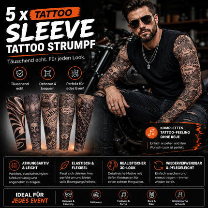 Tattoo Ärmel Tattoo Strumpf Sleeve aus Nylon – 5X täuschend echt Armstrumpf Herren für Fasching & Karnival & Halloween Rocker