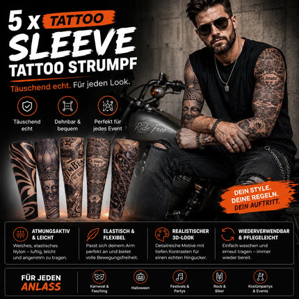 Tattoo Ärmel Tattoo Strumpf Sleeve aus Nylon – 5X täuschend echt Armstrumpf Herren für Fasching & Karnival & Halloween Rocker