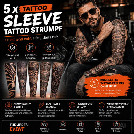 Tattoo Ärmel Tattoo Strumpf Sleeve aus Nylon – 5X täuschend echt Armstrumpf Herren für Fasching & Karnival & Halloween Rocker