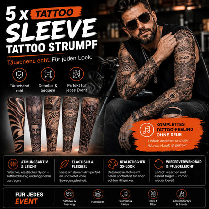 Tattoo Ärmel Tattoo Strumpf Sleeve aus Nylon – 5X täuschend echt Armstrumpf Herren für Fasching & Karnival & Halloween Rocker
