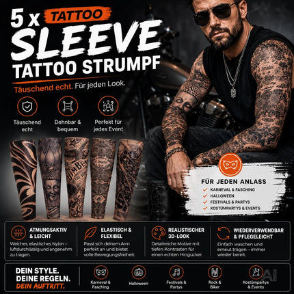 Tattoo Ärmel Tattoo Strumpf Sleeve aus Nylon – 5X täuschend echt Armstrumpf Herren für Fasching & Karnival & Halloween Rocker