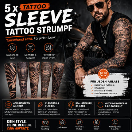 Tattoo Ärmel Tattoo Strumpf Sleeve aus Nylon – 5X täuschend echt Armstrumpf Herren für Fasching & Karnival & Halloween Rocker