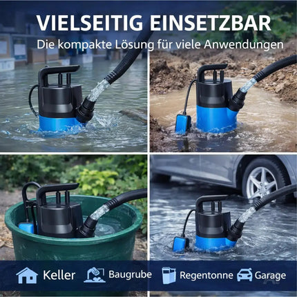 Tauchpumpe Schmutzwasser 400 W 7500 l/h – flachsaugend für Überschwemmung & Hochwasser, 5 m Förderhöhe, 4 m Eintauchtiefe, 10 m Kabel, einstellbarer Schwimmerschalter, Thermoschutz