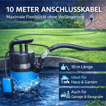Tauchpumpe Schmutzwasser 400 W 7500 l/h – flachsaugend für Überschwemmung & Hochwasser, 5 m Förderhöhe, 4 m Eintauchtiefe, 10 m Kabel, einstellbarer Schwimmerschalter, Thermoschutz