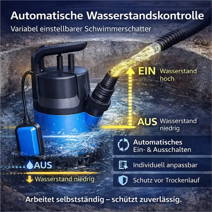 Tauchpumpe Schmutzwasser 400 W 7500 l/h – flachsaugend für Überschwemmung & Hochwasser, 5 m Förderhöhe, 4 m Eintauchtiefe, 10 m Kabel, einstellbarer Schwimmerschalter, Thermoschutz