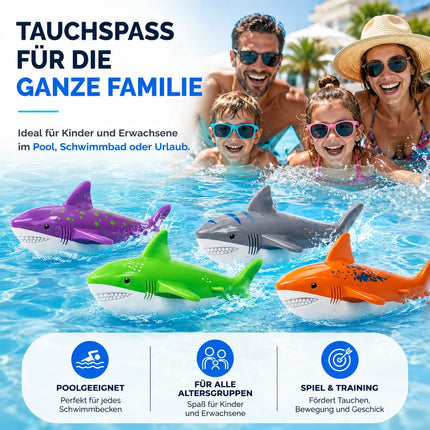 Tauchringe & Tauchstäbe für Kinder & Erwachsene – Wasserspielzeug für Pool, Schwimmbad & Tauchspiele (4x Hai)