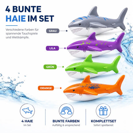 Tauchringe & Tauchstäbe für Kinder & Erwachsene – Wasserspielzeug für Pool, Schwimmbad & Tauchspiele (4x Hai)