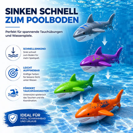Tauchringe & Tauchstäbe für Kinder & Erwachsene – Wasserspielzeug für Pool, Schwimmbad & Tauchspiele (4x Hai)