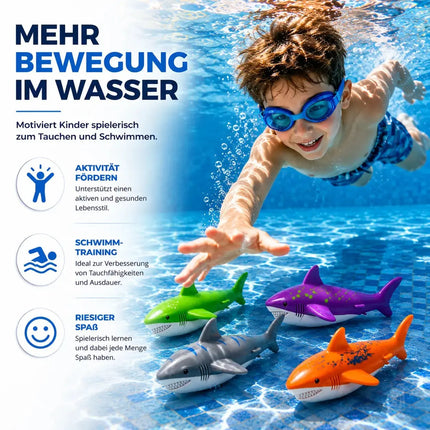 Tauchringe & Tauchstäbe für Kinder & Erwachsene – Wasserspielzeug für Pool, Schwimmbad & Tauchspiele (4x Hai)
