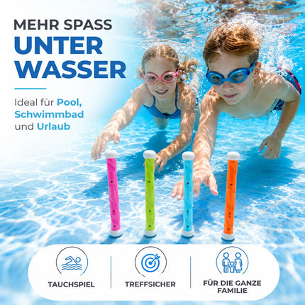 Tauchringe & Tauchstäbe für Kinder & Erwachsene – Wasserspielzeug für Pool, Schwimmbad & Tauchspiele (4x Tauchstab)