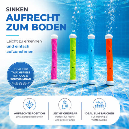 Tauchringe & Tauchstäbe für Kinder & Erwachsene – Wasserspielzeug für Pool, Schwimmbad & Tauchspiele (4x Tauchstab)