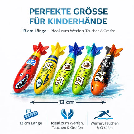 Tauchringe & Tauchstäbe für Kinder & Erwachsene – Wasserspielzeug für Pool, Schwimmbad & Tauchspiele (4x Torpedo)