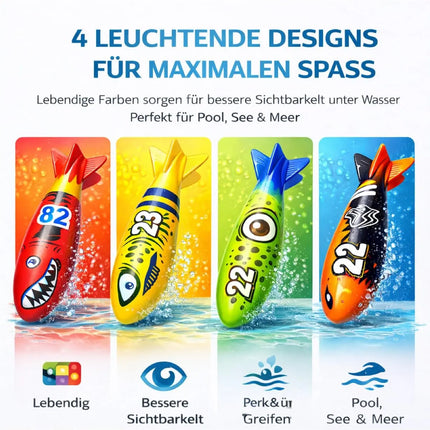 Tauchringe & Tauchstäbe für Kinder & Erwachsene – Wasserspielzeug für Pool, Schwimmbad & Tauchspiele (4x Torpedo)