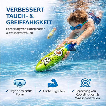 Tauchringe & Tauchstäbe für Kinder & Erwachsene – Wasserspielzeug für Pool, Schwimmbad & Tauchspiele (4x Torpedo)