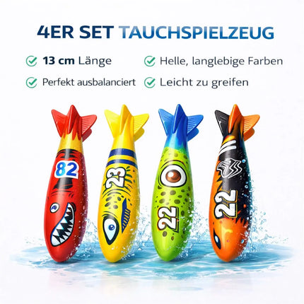 Tauchringe & Tauchstäbe für Kinder & Erwachsene – Wasserspielzeug für Pool, Schwimmbad & Tauchspiele (4x Torpedo)