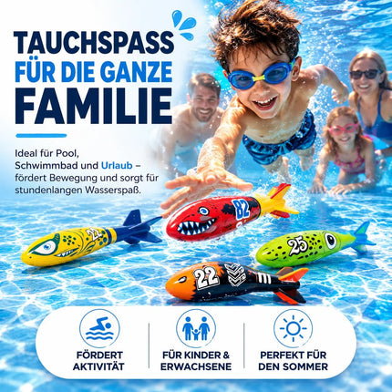 Tauchringe & Tauchstäbe für Kinder & Erwachsene – Wasserspielzeug für Pool, Schwimmbad & Tauchspiele (4x Torpedo)