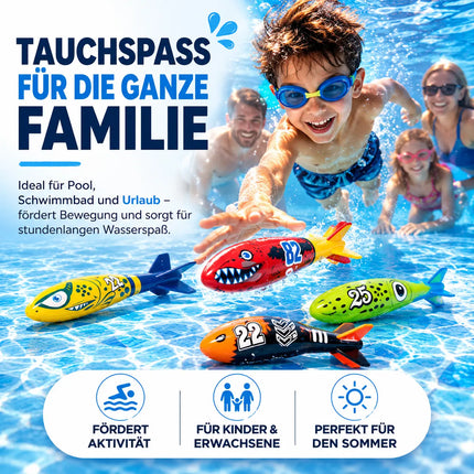 Tauchringe & Tauchstäbe für Kinder & Erwachsene – Wasserspielzeug für Pool, Schwimmbad & Tauchspiele (4x Torpedo)