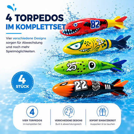 Tauchringe & Tauchstäbe für Kinder & Erwachsene – Wasserspielzeug für Pool, Schwimmbad & Tauchspiele (4x Torpedo)