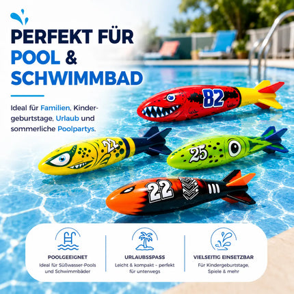 Tauchringe & Tauchstäbe für Kinder & Erwachsene – Wasserspielzeug für Pool, Schwimmbad & Tauchspiele (4x Torpedo)
