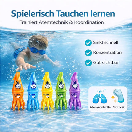 Tauchringe & Tauchstäbe für Kinder & Erwachsene – Wasserspielzeug für Pool, Schwimmbad & Tauchspiele (6x Tintenfisch)