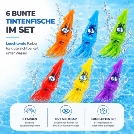 Tauchringe & Tauchstäbe für Kinder & Erwachsene – Wasserspielzeug für Pool, Schwimmbad & Tauchspiele (6x Tintenfisch)