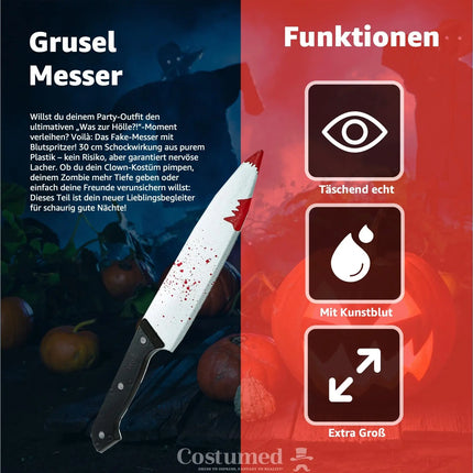 Täuschend Echt Fake Messer mit Blut ca. 34 cm als Accessoire - Halloween & Fasching - für Horror Kostüm