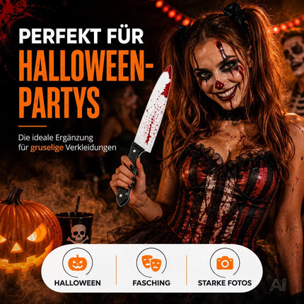 Täuschend Echt Fake Messer mit Blut ca. 34 cm als Accessoire - Halloween & Fasching - für Horror Kostüm