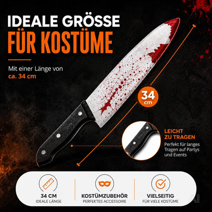 Täuschend Echt Fake Messer mit Blut ca. 34 cm als Accessoire - Halloween & Fasching - für Horror Kostüm