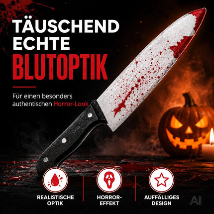Täuschend Echt Fake Messer mit Blut ca. 34 cm als Accessoire - Halloween & Fasching - für Horror Kostüm