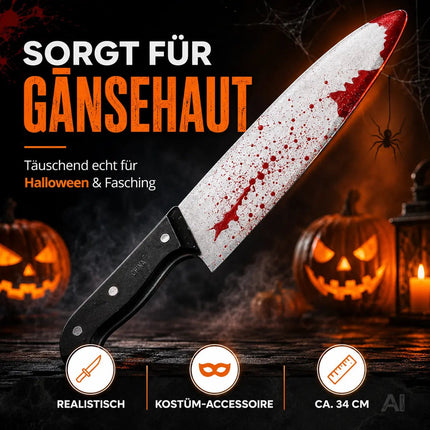 Täuschend Echt Fake Messer mit Blut ca. 34 cm als Accessoire - Halloween & Fasching - für Horror Kostüm