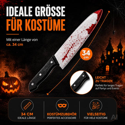 Täuschend Echt Fake Messer mit Blut ca. 34 cm als Accessoire - Halloween & Fasching - für Horror Kostüm