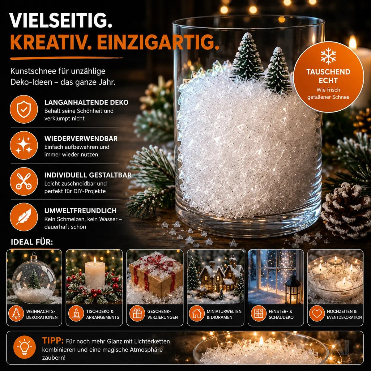 Täuschend echter Kunstschnee, Schnee weich und fluffig - glitzernder Dekoschnee für Dekoration – Detailansicht 2