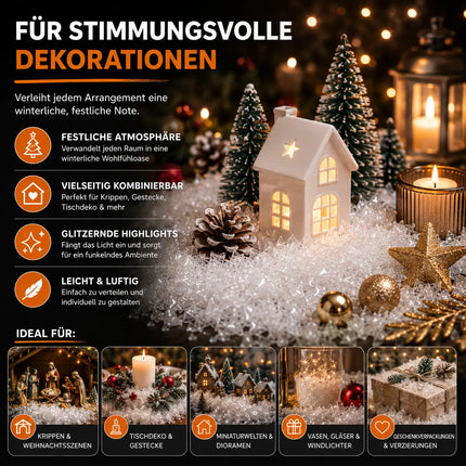 Täuschend echter Kunstschnee, Schnee weich und fluffig - glitzernder Dekoschnee für Dekoration - Deko Streuschnee Weihnachten