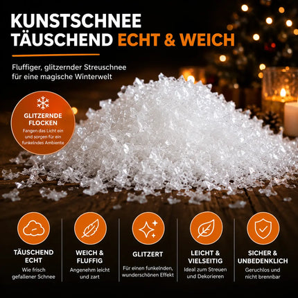 Täuschend echter Kunstschnee, Schnee weich und fluffig - glitzernder Dekoschnee für Dekoration - Deko Streuschnee Weihnachten
