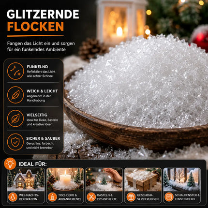 Täuschend echter Kunstschnee, Schnee weich und fluffig - glitzernder Dekoschnee für Dekoration - Deko Streuschnee Weihnachten