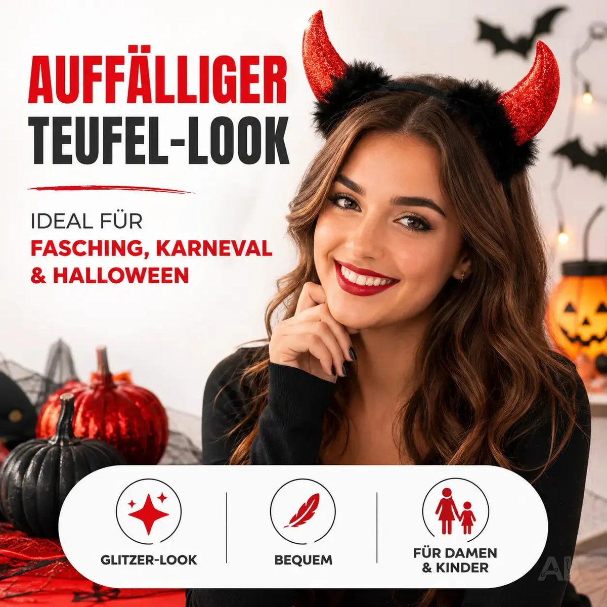Teufelshörner Karneval Kopfbedeckung Teufelshörner Teufel Accessoire zu Kostüm Damen & Kinder – Detailansicht 2