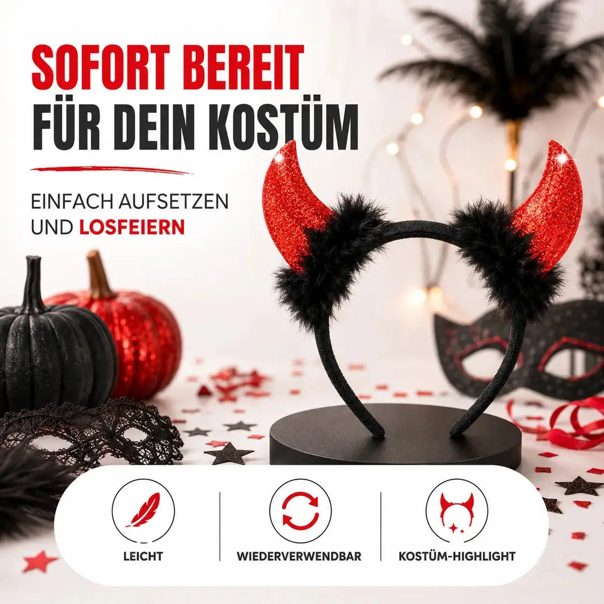 Teufelshörner Karneval Kopfbedeckung Teufelshörner Teufel Accessoire zu Kostüm Damen & Kinder – Detailansicht 3