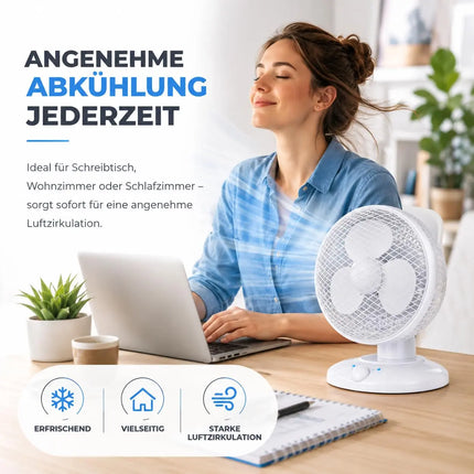 Tischventilator leise mit 90° Schwenkfunktion – Tragbarer Ventilator mit 3 Leistungsstufen für gleichmäßige Luftverteilung (Ventilator Ø 25 cm)