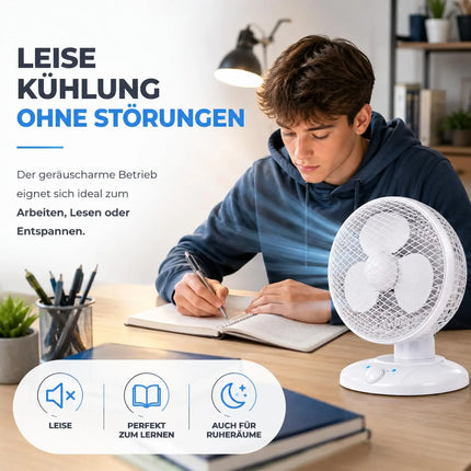 Tischventilator leise mit 90° Schwenkfunktion – Tragbarer Ventilator mit 3 Leistungsstufen für gleichmäßige Luftverteilung (Ventilator Ø 25 cm)