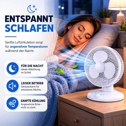 Tischventilator leise mit 90° Schwenkfunktion – Tragbarer Ventilator mit 3 Leistungsstufen für gleichmäßige Luftverteilung (Ventilator Ø 25 cm)