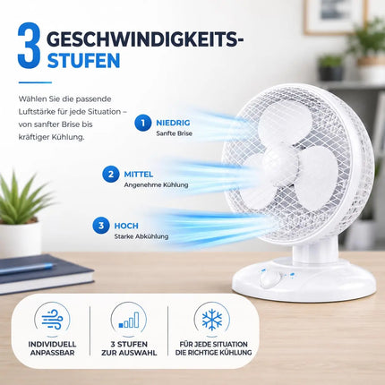 Tischventilator leise mit 90° Schwenkfunktion – Tragbarer Ventilator mit 3 Leistungsstufen für gleichmäßige Luftverteilung (Ventilator Ø 25 cm)