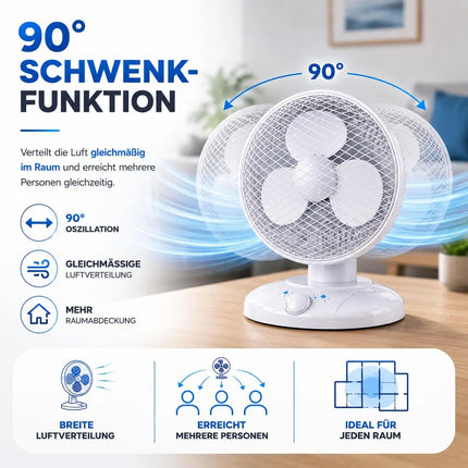 Tischventilator leise mit 90° Schwenkfunktion – Tragbarer Ventilator mit 3 Leistungsstufen für gleichmäßige Luftverteilung (Ventilator Ø 25 cm)