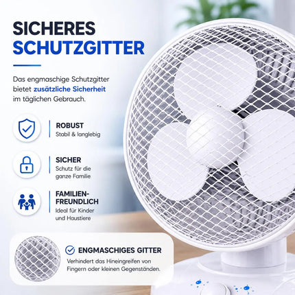 Tischventilator leise mit 90° Schwenkfunktion – Tragbarer Ventilator mit 3 Leistungsstufen für gleichmäßige Luftverteilung (Ventilator Ø 25 cm)