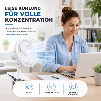 Tischventilator leise mit 90° Schwenkfunktion – Tragbarer Ventilator mit 3 Leistungsstufen für gleichmäßige Luftverteilung (Ventilator mit Clip Ø 16 cm)