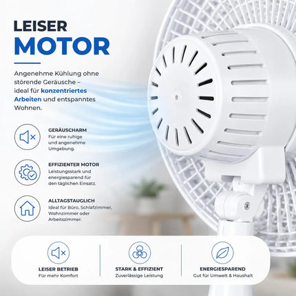 Tischventilator leise mit 90° Schwenkfunktion – Tragbarer Ventilator mit 3 Leistungsstufen für gleichmäßige Luftverteilung (Ventilator mit Clip Ø 16 cm)