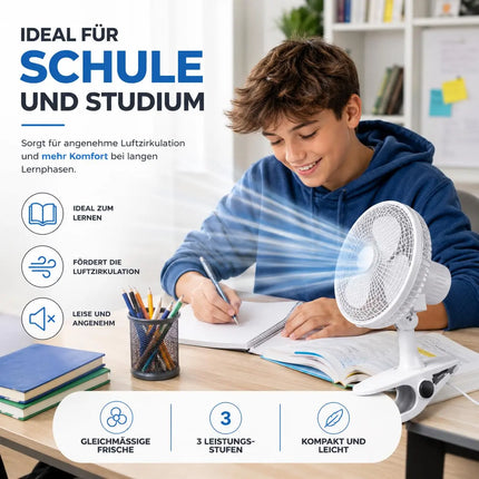 Tischventilator leise mit 90° Schwenkfunktion – Tragbarer Ventilator mit 3 Leistungsstufen für gleichmäßige Luftverteilung (Ventilator mit Clip Ø 16 cm)