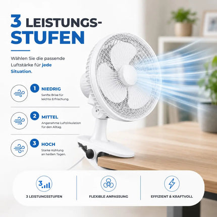 Tischventilator leise mit 90° Schwenkfunktion – Tragbarer Ventilator mit 3 Leistungsstufen für gleichmäßige Luftverteilung (Ventilator mit Clip Ø 16 cm)