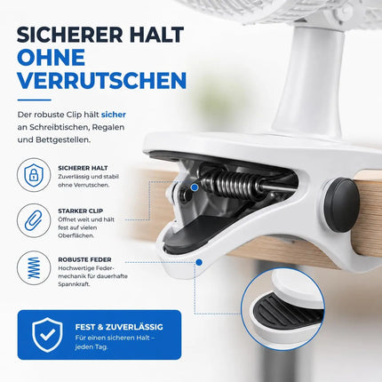 Tischventilator leise mit 90° Schwenkfunktion – Tragbarer Ventilator mit 3 Leistungsstufen für gleichmäßige Luftverteilung (Ventilator mit Clip Ø 16 cm)