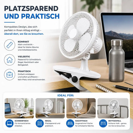 Tischventilator leise mit 90° Schwenkfunktion – Tragbarer Ventilator mit 3 Leistungsstufen für gleichmäßige Luftverteilung (Ventilator mit Clip Ø 16 cm)