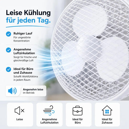 Tischventilator mit 90° Oszillation – Leiser Ventilator mit 3 Geschwindigkeitsstufen und tragbarem Design (Ventilator Ø 25 cm)